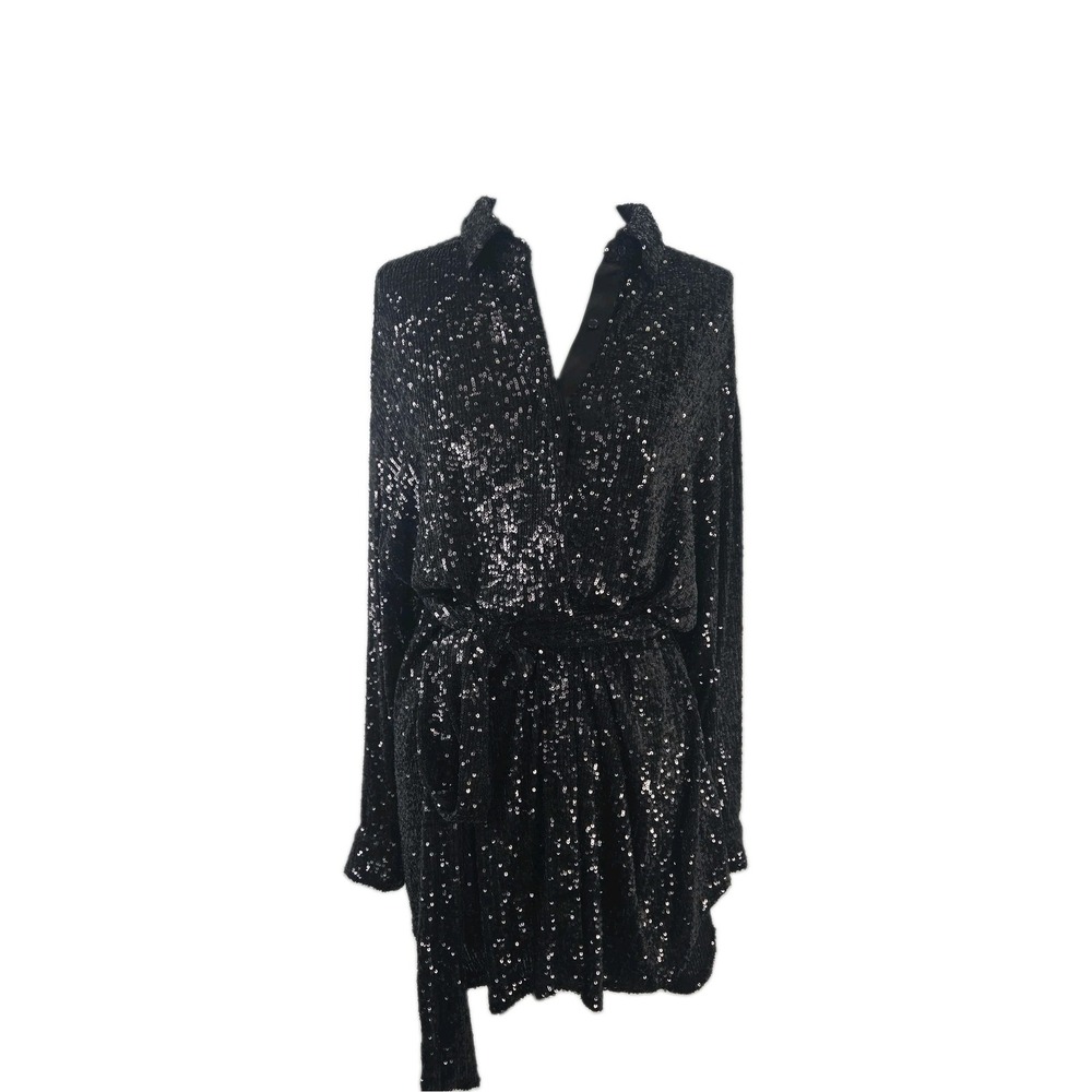 Gianni Bini Black All Over Sequin Button Front Belted Mini Dress Jacket Large